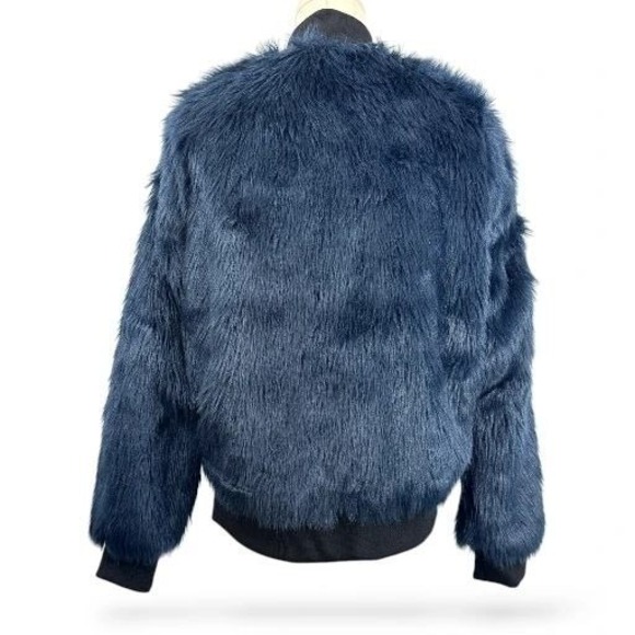 Say What? Faux Fur Bomber Jacket Womens Medium Midnite Blue Full Zip EUC - Picture 5 of 9